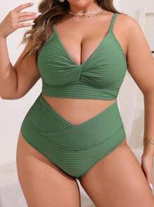 Swim Lushoire 大码扭纹前吊带比基尼套装 夏季 - 綠色 - 查看 1
