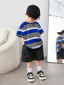 SHEIN Young Boy Casual And Comfortable English Woven Label Striped Short-Sleeved T-Shirt - Multicolor - View 4
