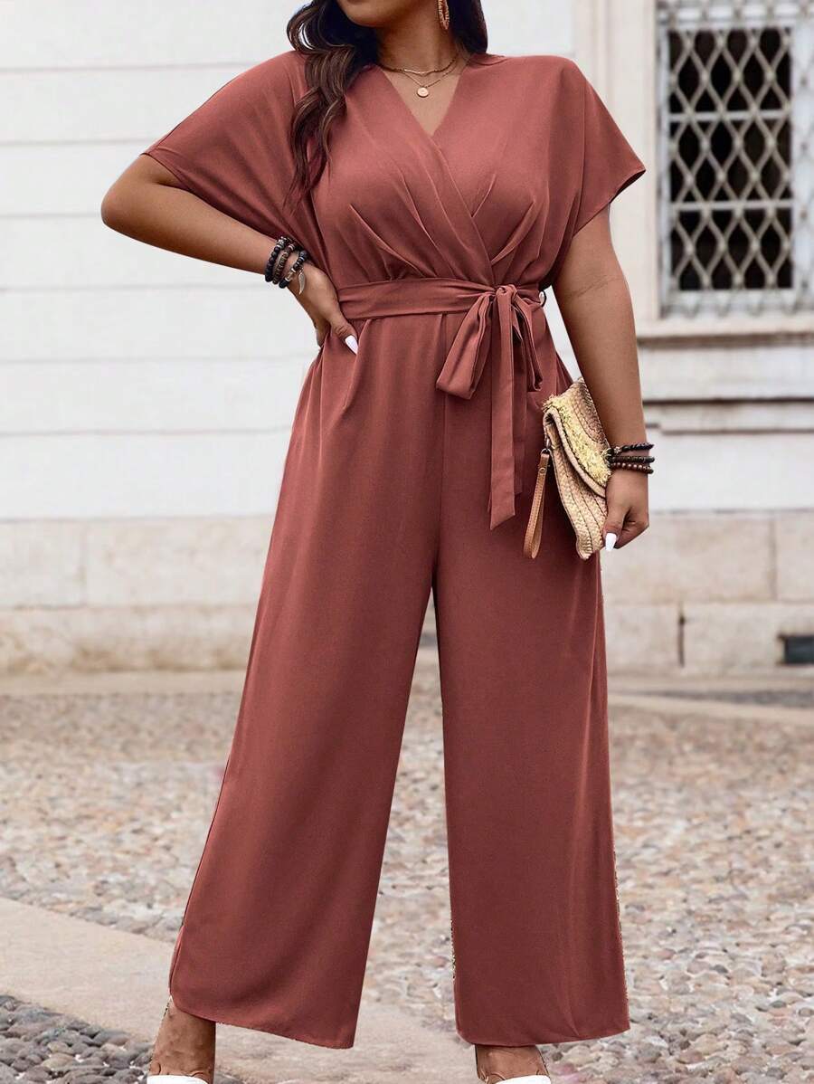 SHEIN LUNE Plus Size V-Neck Cinching Waist Batwing Sleeve Casual Jumpsuit
