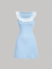 SHEIN MOD Blue Knitted Bodycon Summer Dress In Lining ,With White Embroidery Lace& Ruffle Details,Jacquard Texture Fabric,Bridgerton Milkmaid Dress,Summer Women Outfit,Beach Women Dresses,Cute 
Round Neck Dress