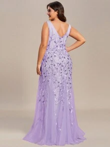 EVERPRETTY Váy đuôi cá đính sequin cổ chữ V sâu không tay cỡ lớn thanh lịch trang trọng dự tiệc cưới, tốt nghiệp, váy dự tiệc tối - Màu tím hoa cà - Xem 2