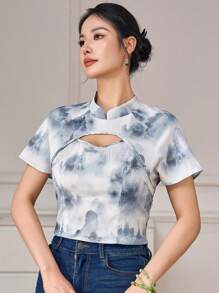 Modelyn 立领扎染碎花镂空夏季休闲短袖汉服上衣，改良汉服上衣 - 彩色 - 查看 5