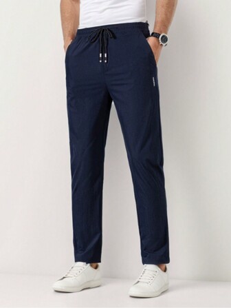 Men's Summer Casual Drawstring Waist Tapered Ice Silk Long Pants, For Fall