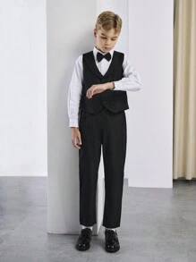SHEIN 3pcs Black Bowtie, Lapel Waistcoat And Pants Gentleman Suit Set, Suitable For Birthday Party, Banquet, Wedding