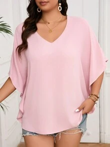SHEIN LUNE Camisa diaria sencilla de unicolor para mujeres de talla grande - Rosa vieja - Ver 3