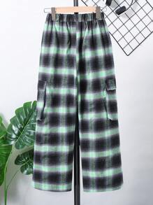 Tween Boy Elastic Waist Loose Fit Casual Plaid Cargo Pants