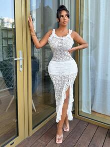 SHEIN SXY Ladies' Lace Trimmed Ruched Slit Back Solid Color Sleeveless Dress With Straps - White - View 6