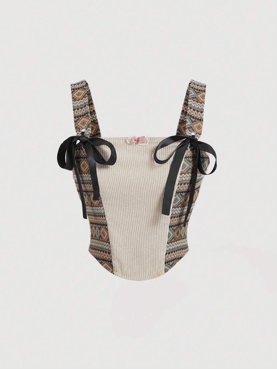 SHEIN MOD 時尚夏季色塊提花灰色燈芯絨肩帶綁帶短上衣 - 彩色 - 查看 1