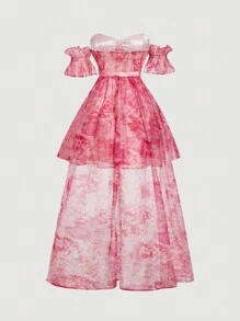 SHEIN MOD Váy dạ hội quây bằng vải tuyn màu hồng có dây buộc có thể tháo rời - Nhiều màu - Xem 2