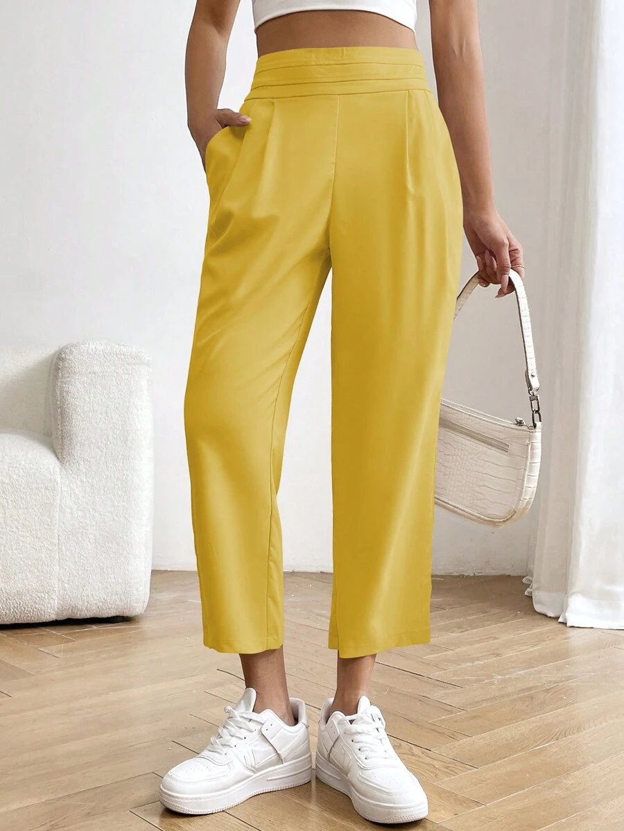 SHEIN LUNE Women's Solid Color Simple Daily Trousers - Yellow - View 1