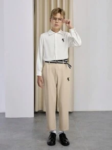 適合十幾歲男孩的時尚兩件套西裝，包含長袖白襯衫和斜紋褲，適用於生日派對、晚會、表演和婚禮 - 彩色 - 查看 1