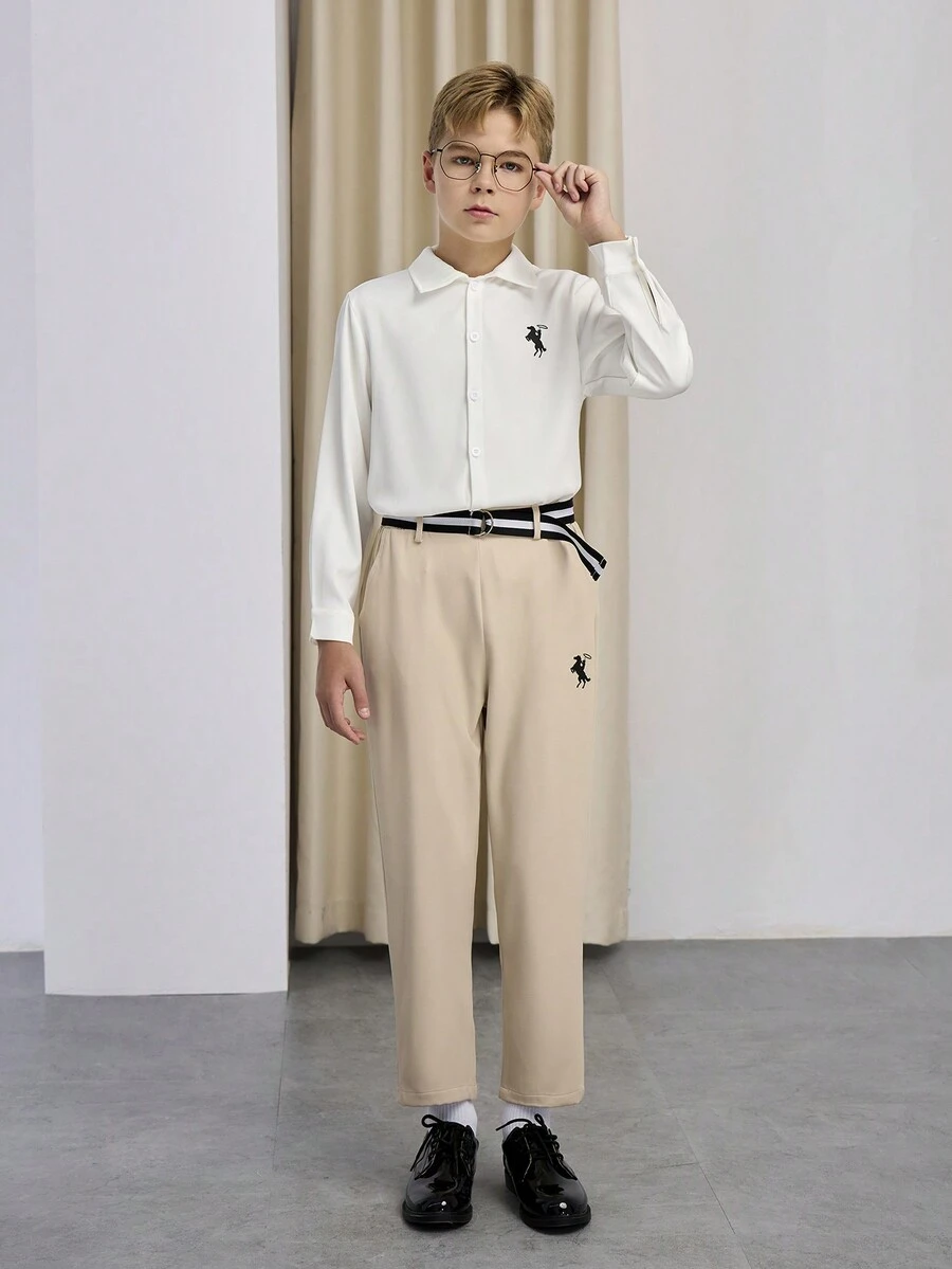 適合十幾歲男孩的時尚兩件套西裝,包含長袖白襯衫和斜紋褲,適用於生日派對、晚會、表演和婚禮 - 彩色 - 查看 1