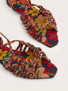 Multi-Color Faux Suede Hand-Woven Twist Flat Sandals For Women With Random Weave And Knotting Patterns. Random Multicolor Materials With Floral And Plant Color Patterns.