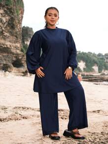 Swim Mulvari Plus Size Nữ Ngày Lễ Đồng Bằng Cổ Đứng Đèn Lồng Tay Áo Và Quần Thường Ngày, Đồ Bơi Tankini Giải Trí - Màu xanh hải quân - Xem 3