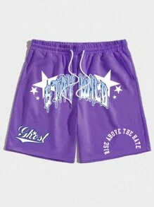 ROMWE MEN Prep 男士抽绳腰休闲短裤，带字母和星星印花设计，带口袋，学校 - 紫色 - 查看 1