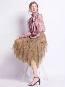 Heavily Embellished Asymmetrical Layered Tulle Skirt - Khaki - View 5