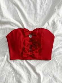 Soleia Summer Red Hollow Out Cropped Strapless Top With Bow Decoration