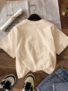 Tseoso 女士休闲简约英伦图案圆领短袖宽松T恤，适合夏季，棉混纺 - 杏色 - 查看 9