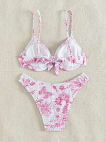 SHEIN Swim 女士夏季海灘印花露背性感比基尼套裝，花朵印花，隨機 - 粉色 - 查看 2