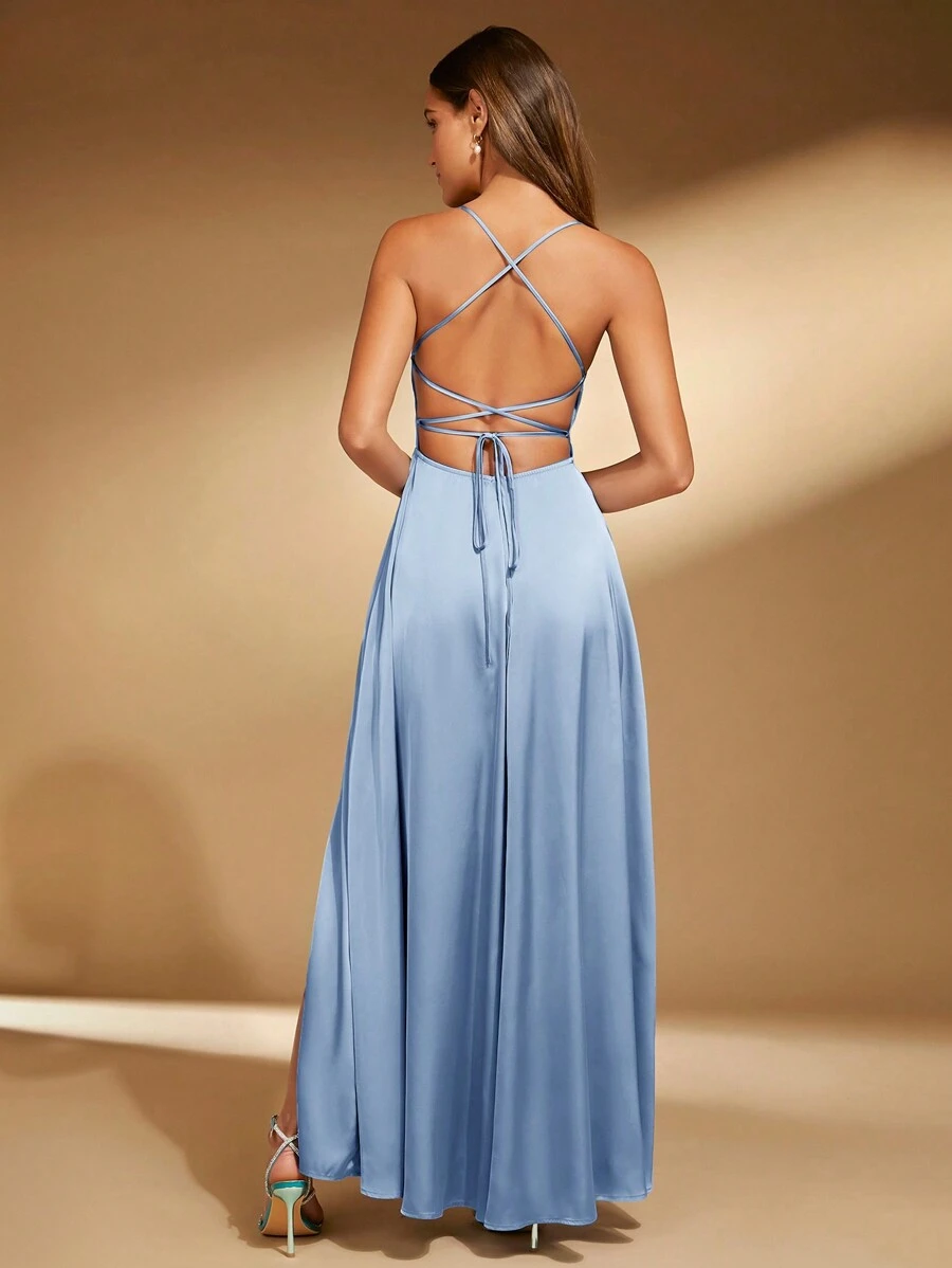 SHEIN Belle Women's Solid Color Wrap Split Backless Bridesmaid Dress Elegant Dress - Blue - View 1
