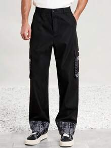 Manfinity VCAY Pantalon long tissé décontracté à patchwork pour homme - Noir et Blanc - Voir 3