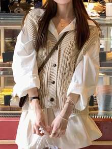 Solid Color Front Button Decor Pocket Textured Knit Cardigan Vest - Apricot - View 3