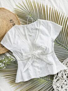Soleia WYWH Vacation Women's Leisure Seaside Beach Vacation Spliced Lace Embroidered V-Neck Shirt