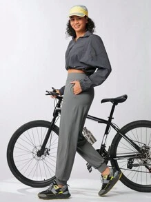 SHEIN Sports Ladies' Solid Color Simple Daily Sports Pants - Grey - View 8