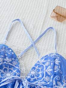 Soleia Women's Summer Romantic Countryside Style Embroidered Collar With White Flowers On Blue Background, Lace Patchwork, Front Bowknot, Strap, Open Back, Cross Design, Perfect For Afternoon Tea Party, Graduation Season