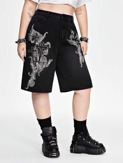 Grunge Punk Shorts de mezclilla de talla grande con estampado simple