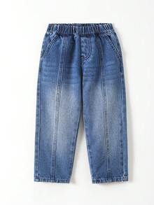 Young Boy Washed Letter Graphic Street Style Wide-Leg Jeans - Medium Wash - View 2