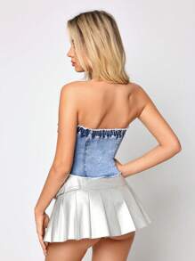 Women's Fashionable Sexy Frayed Edge Denim Crop Top With Tie Design