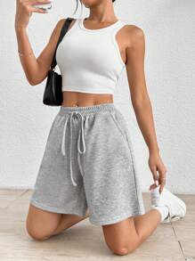 SHEIN PETITE 實心結腰斜口袋短褲 - 灰色 - 查看 7