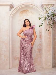 SHEIN X Izzy Darnell Glamrae 华丽亮片肩蝴蝶结连衣裙加大码晚礼服优雅正式舞会婚礼宾客礼服，适合毕业典礼、晚宴派对礼服 - 藕粉色 - 查看 4