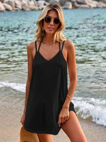 SHEIN VCAY Váy mùa hè có dây đeo Spaghetti vừa vặn nhỏ màu trơn - màu đen - Xem 4