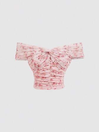 SHEIN MOD Top floral rose à volants et bretelles croisées avec épaules dénudées pour femmes