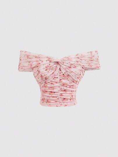 SHEIN MOD Women Off Shoulder Ruffle Cross Strap Pink Floral Top
