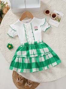 2pcs Baby Girls' Plaid Printed Short Sleeve Outfit Set - Green - View 8