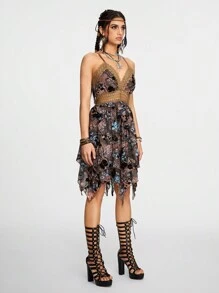 ROMWE Fairycore Vestido de tirantes espaguetis para mujer con encaje de contraste y estampado floral de tinte anudado vintage, perfecto para verano - Multicolor - Ver 3