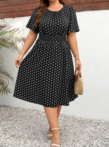 SHEIN Clasi 大码女式波尔卡圆点印花圆领短袖腰系带休闲连衣裙，夏季长款女装