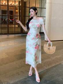 DAZY 女士修身优雅露肩碎花夏季连衣裙舞会礼服 - 白色 - 查看 4