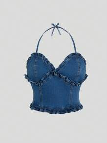 SHEIN Teen Girl Casual Fashionable Denim Top With Lotus Lace Trimmed Straps
