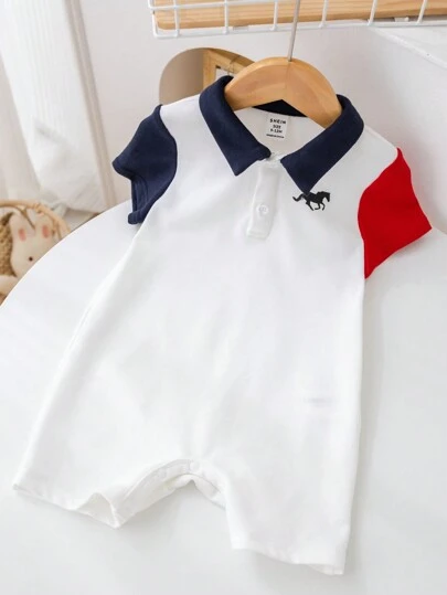SHEIN 嬰兒男寶寶半開襟撞色短袖連體衣，帶按扣底部的立領套裝