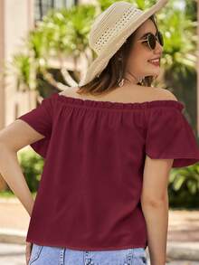 SHEIN VCAY Blusa simple de hombros descubiertos de unicolor para mujer, uso diario - Burdeos - Ver 2