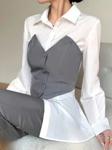 Mulvari Camisa 2 en 1 a la moda para mujer con bloqueo de color casual