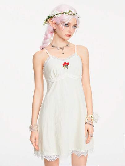 Kawaii فستان صيفي من القطن والكتان مزين بالتطريز والدانتيل المتباين