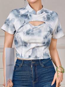 Modelyn 立领扎染碎花镂空夏季休闲短袖汉服上衣，改良汉服上衣 - 彩色 - 查看 3