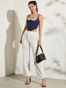 SHEIN BAE Áo cami mùa hè ngọt ngào dành cho nữ, màu xanh đậm, có viền ren tinh tế, cúp xương cá, viền xếp nếp và hoàn hảo cho việc tụ tập và hẹn hò của bạn bè - Màu xanh hải quân - Xem 5