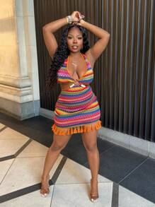 Slaydiva Plus Size Summer Casual Holiday Halter Neck Strap With Hollow Bead Decoration On The Waist, Tassel Rope Hem, Tassel Mini Dress, Colorful Striped Slim Dress, Women's Dress,Beach Dress Sundress,Holiday Outfits Boho
