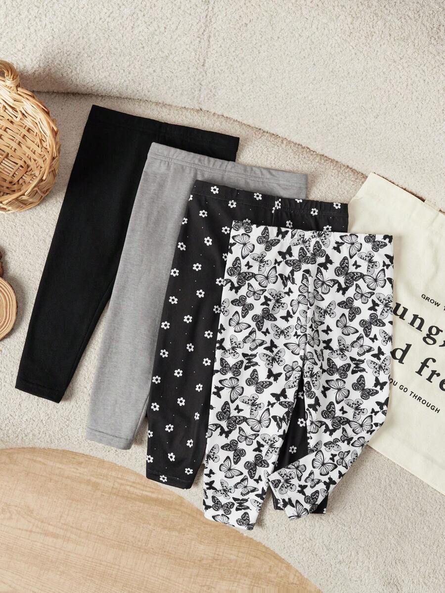 SHEIN LMoss Kids LMoss Baby Girl Snug-Fit Knitted Cartoon Patterned Elastic Waistband Long Pants 4pcs/Set Graphic - Multicolor - View 1